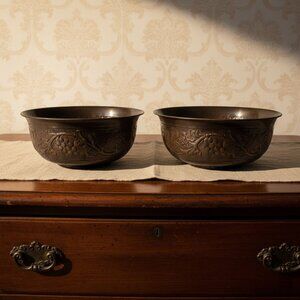 Vintage Hosley Brass Bowls Set of 2 India Floral Grape Vine Embossed Planters